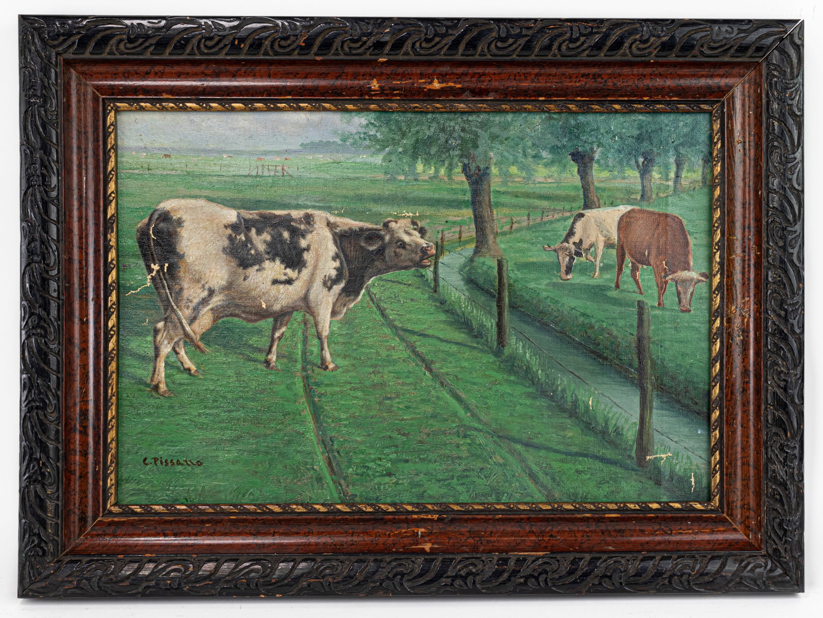 Camille Pissarro French Framed Oil painting Cezanne, Monet, van Gogh era: This lot consists of a hand painted oil on Board rendered in style of the French painter Camille Pissarro (1830-1903). He was a Danish-French Impressionist and Neo-Impressionist painter born on the is