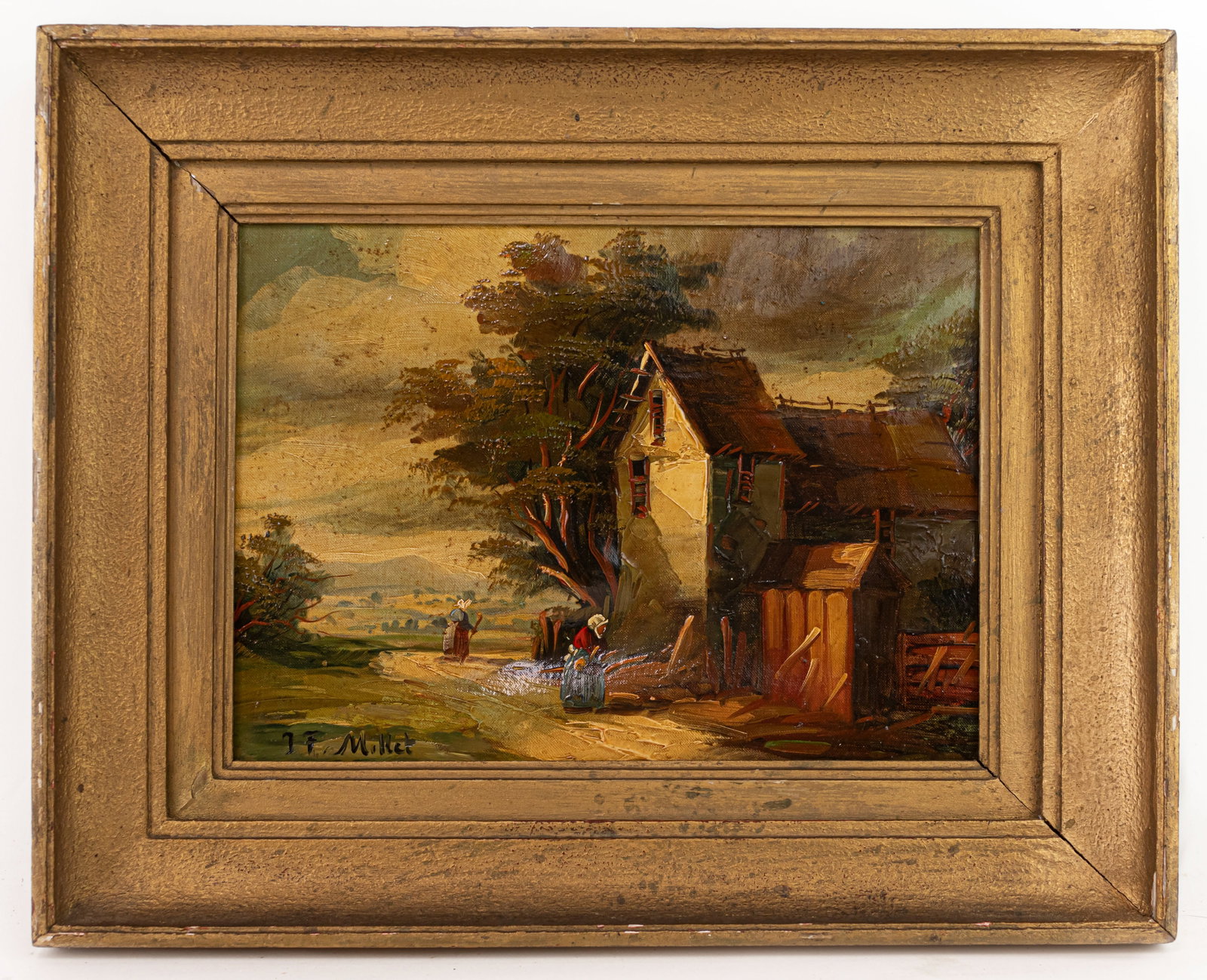 French Jean-François Millet Framed Oil Painting (In Style of): This lot consists of a hand painted oil on canvas rendered in style of the French painter Jean-François Millet (1814-1875)He was a French artist and one of the founders of the Barbizon school in rura
