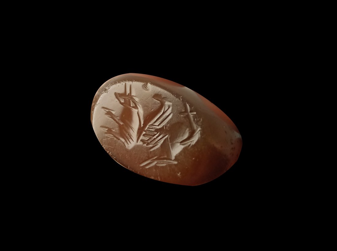 Sasanian Carnelian Domed Seal with A Griffin.: A Sasanian carnelian domed seal with a griffin. Sasanian Persian, 224 - 651 CE. Dimension: 2.2x1.5cm. The seal is made of deep brown carnelian. The design features a running winged griffin, with its t