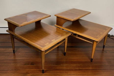 Pair of Lane MCM Side Tables: Mid Century Modern Andre Bus Lane Acclaim, Two Tier End Tables. Dovetail inlay detail made of walnut and fruit wood.