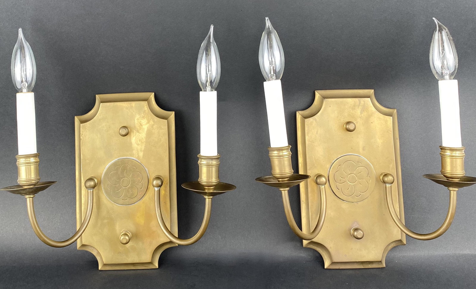 Pair of Brass Plaque Double Candelabra Wall Sconces (1 of 7)
