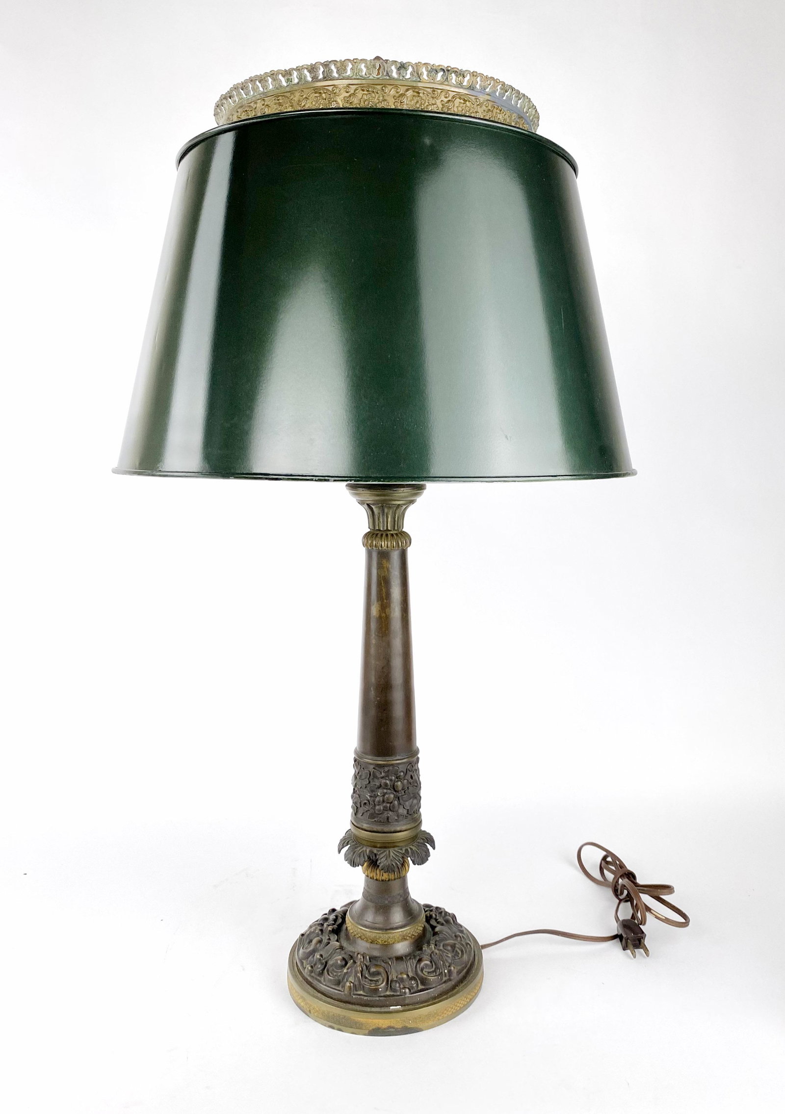 Brass Neoclassical Lamp with Green Tole Shade (1 of 11)