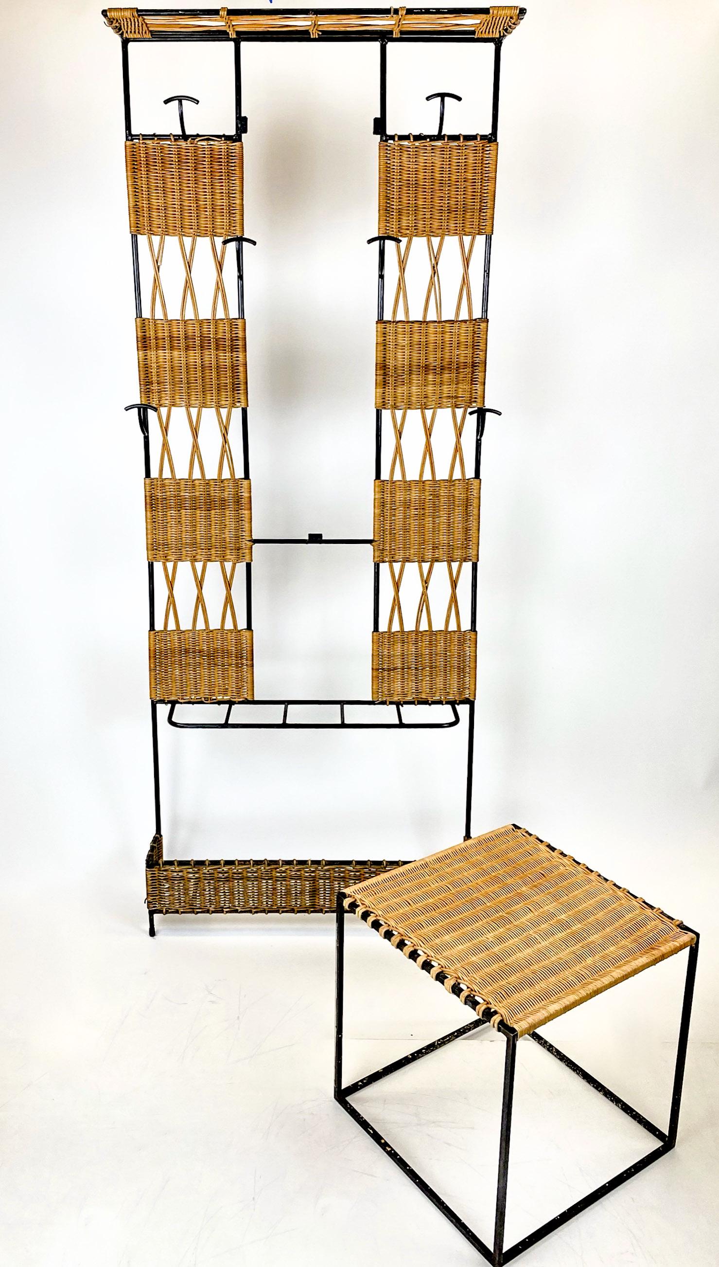 Vintage French Wicker and Iron Hall Tree and Stool (1 of 13)