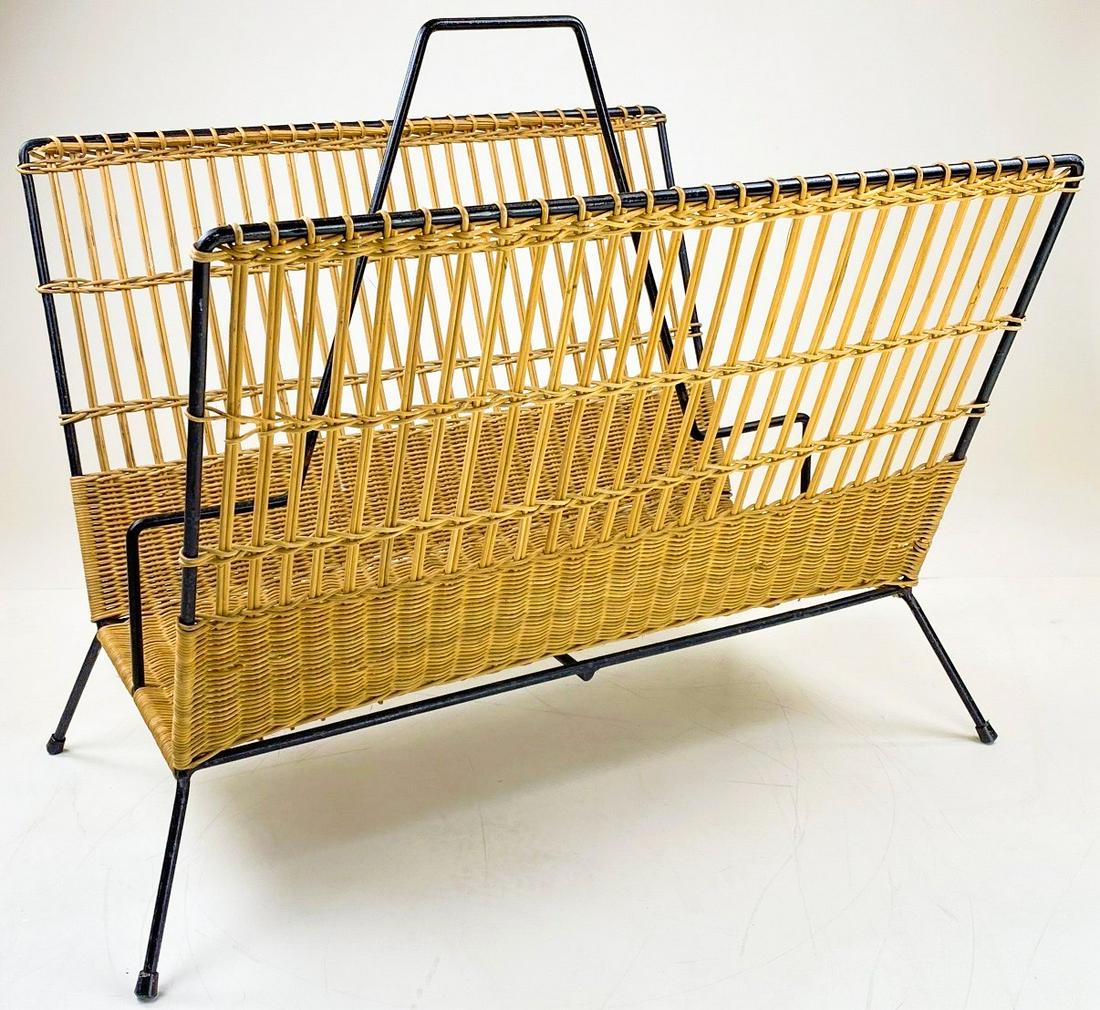 French Mid Century Wicker and Iron Magazine Rack (1 of 10)