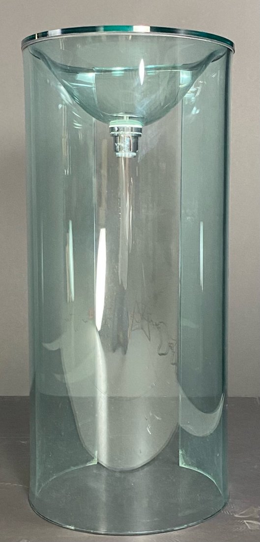 Italian Glass Pedestal Sink: Cylindrical Glass pedestal sink with open back for access to plumbing. Shipped in from Italy.35 1/4Â” H x 16 1/4Â” Width of opening is 7 1/2Â”***Pick up for this item is in Millburn, NJ 07041
