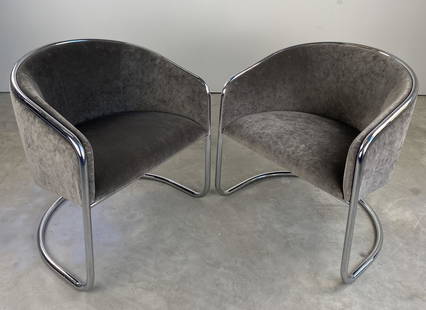 A. Lorenz Cantilever Barrel Chairs by Theonet: Style attributed to Anton Lorenz or Milo Baughman. Grey velvet upholstered barrel chair set on tubular chrome cantilever base.. Circa 1970's 27 1/2" L x 27" D Seat Height 17 1/2"Overall Height