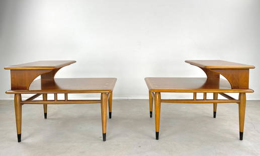 Mid-Century Andre Bus Lane Acclaim End Tables: Fantastic classic mid-century two tiered end tables/step tables. Designed by Andre Bus for the iconic Lane Acclaim series. Dovetail inlay detail made of walnut and fruitwood. Used as side tables or ac