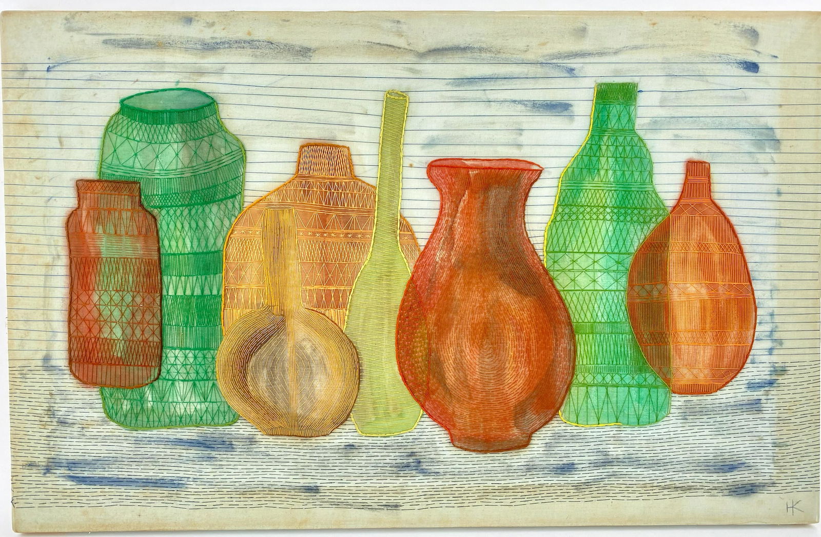 Hilda Kraus Painting with Stitching on Fabric, Framed (1 of 15)