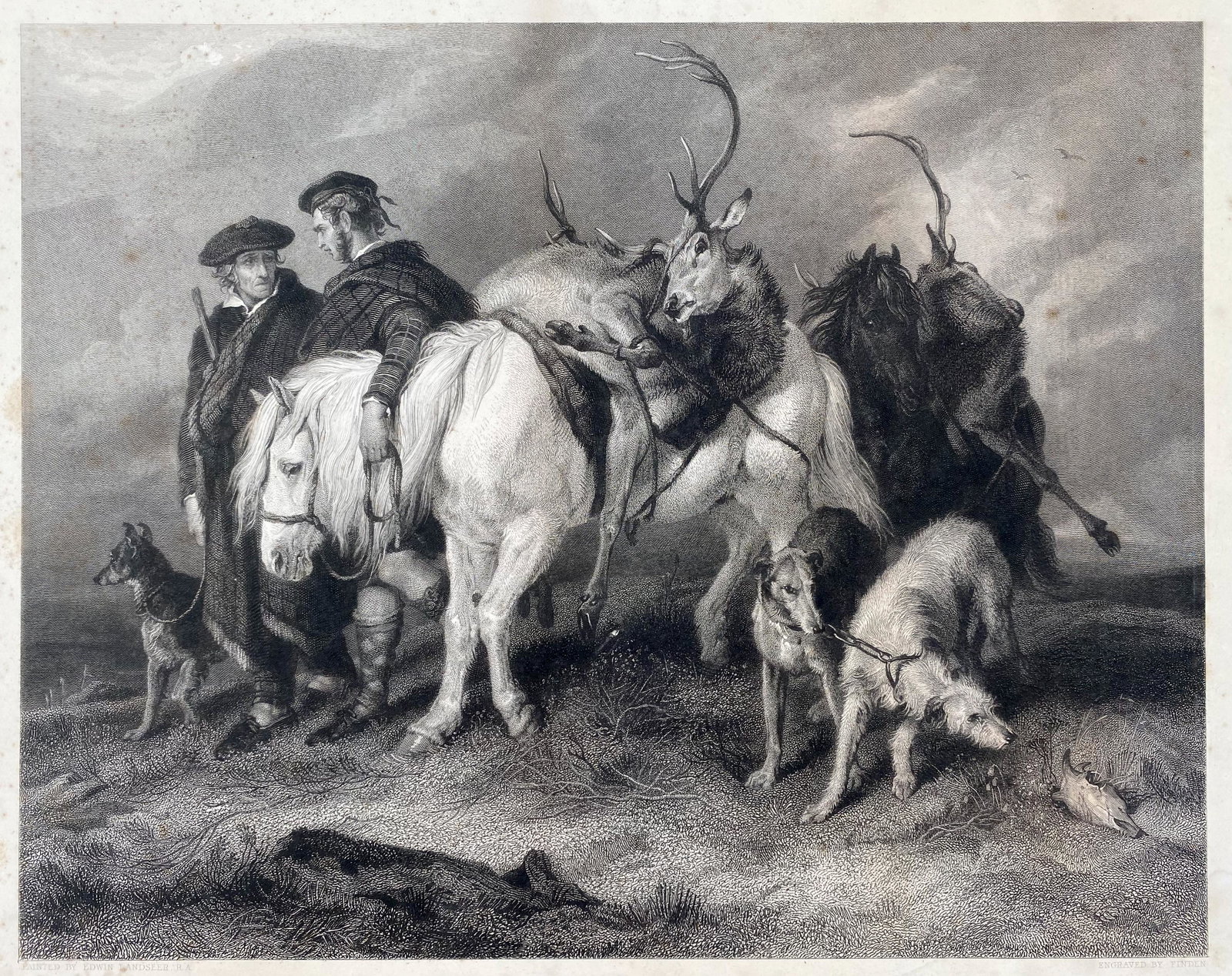 Engraving of Painting, The Deerstalker Return: Black and white engraving, engraved by WIlliam Finden in the 19th Century, a rare version of the painting, The Deerstalkers Return, by Edwin Landseer, R.A.. This engraving was printed before 1850. Fra