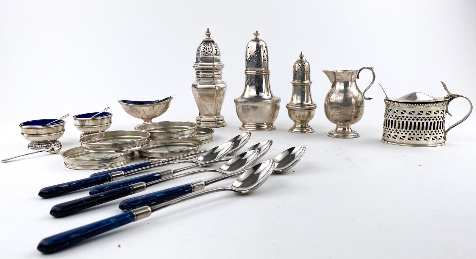 Lot of Antique Sterling Silver and Blue Glass Tableware (1 of 14)