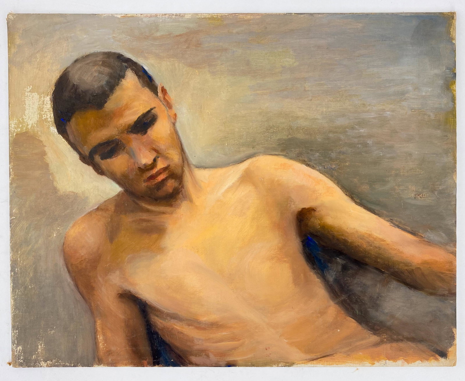 Portrait of Nude Reclining Man: Portrait painting, oil on canvas board of youn man with darker tone skin, reclining. unsigned. measures 20" L x 16" H.