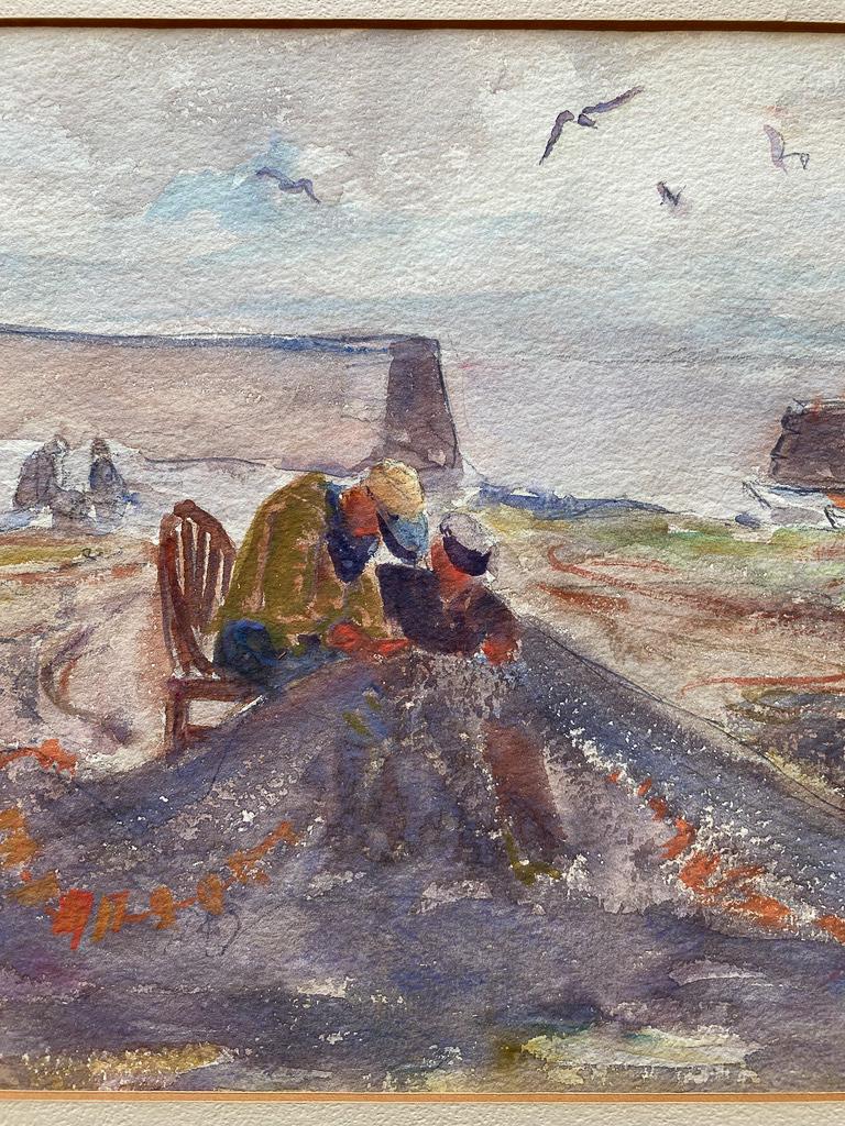 Framed Watercolor, Sailors on Shore, Virginia Gruppe: Watercolor on watercolor paper, signed Virginia Gruppe. Two sailors seem to be caring for a boat's sail at port. Measures: