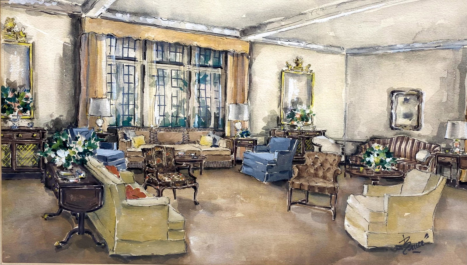 Vintage Interior Design Watercolor Rendering IV (1 of 14)