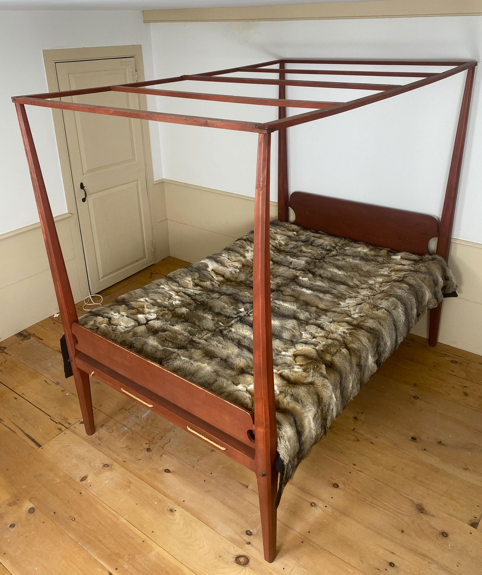 Primitive Four Poster Bed in Red: Fantastic antique primitve wooden bed painted colonial red. Rope detailing exposed on bed frame. Bed frame W53" x D84" x H74.5". Headboard height 37.5". Footboard height 31">>>***Please note Pick ups