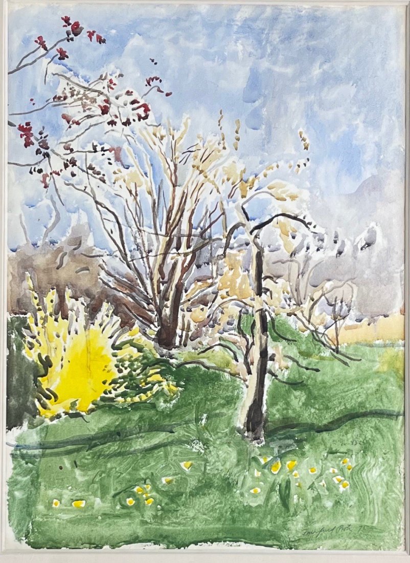 Fairfield Porter "Trees in Bloom" Watercolor.: Renowned Fairfield Porter depicts an outdoor scene of hyacinth and tree in spring. Colorful watercolor from NYC gallery Hirschl & Adler. Dated 1975. Appraised by Sotheby's in 2013 at $9,000 - $11,000*