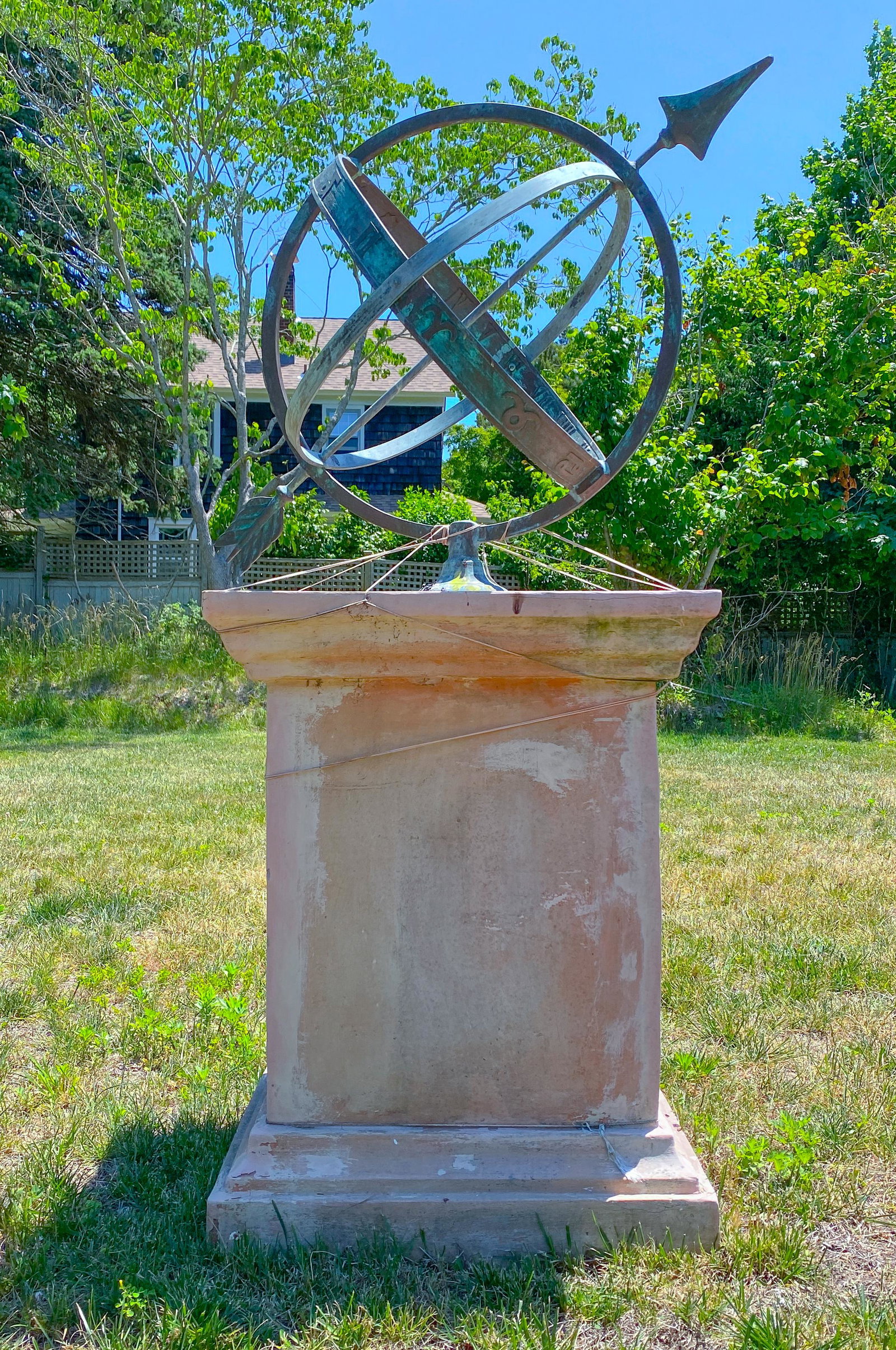 Arcturus Copper Armillary Sundial: Fantastic vintage Arcturus armillary sundial. The armillary sundial has a brass band on the inside ring with hand engraved Roman numerals for the hours. It sits on a fiberglass column pedestal. Natura