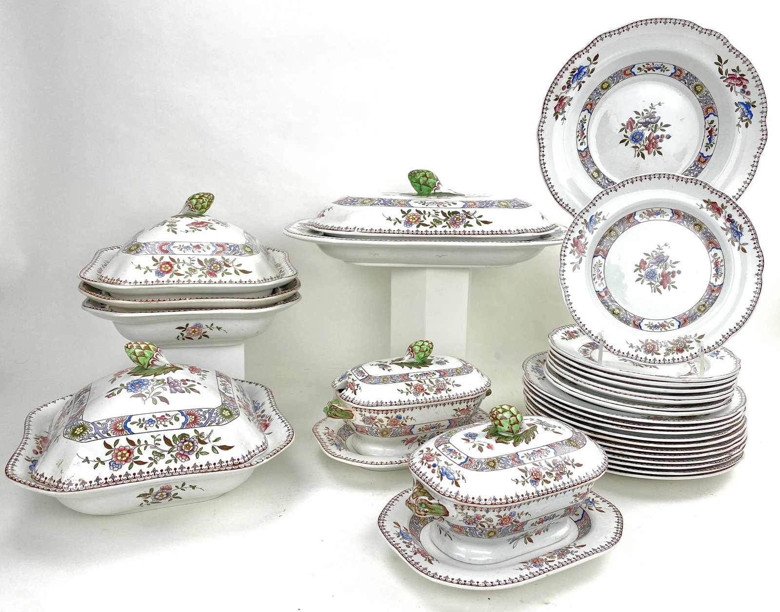 Collection Copeland Spode China: Rare Waring & Gillow set of China. Hand painted and hand decorated lid depicting artichoke. Spode Copeland pattern called " Spode's Nigel" Bowl 10.25" x 2", lidded square dish 9"x 9" x6", large covere