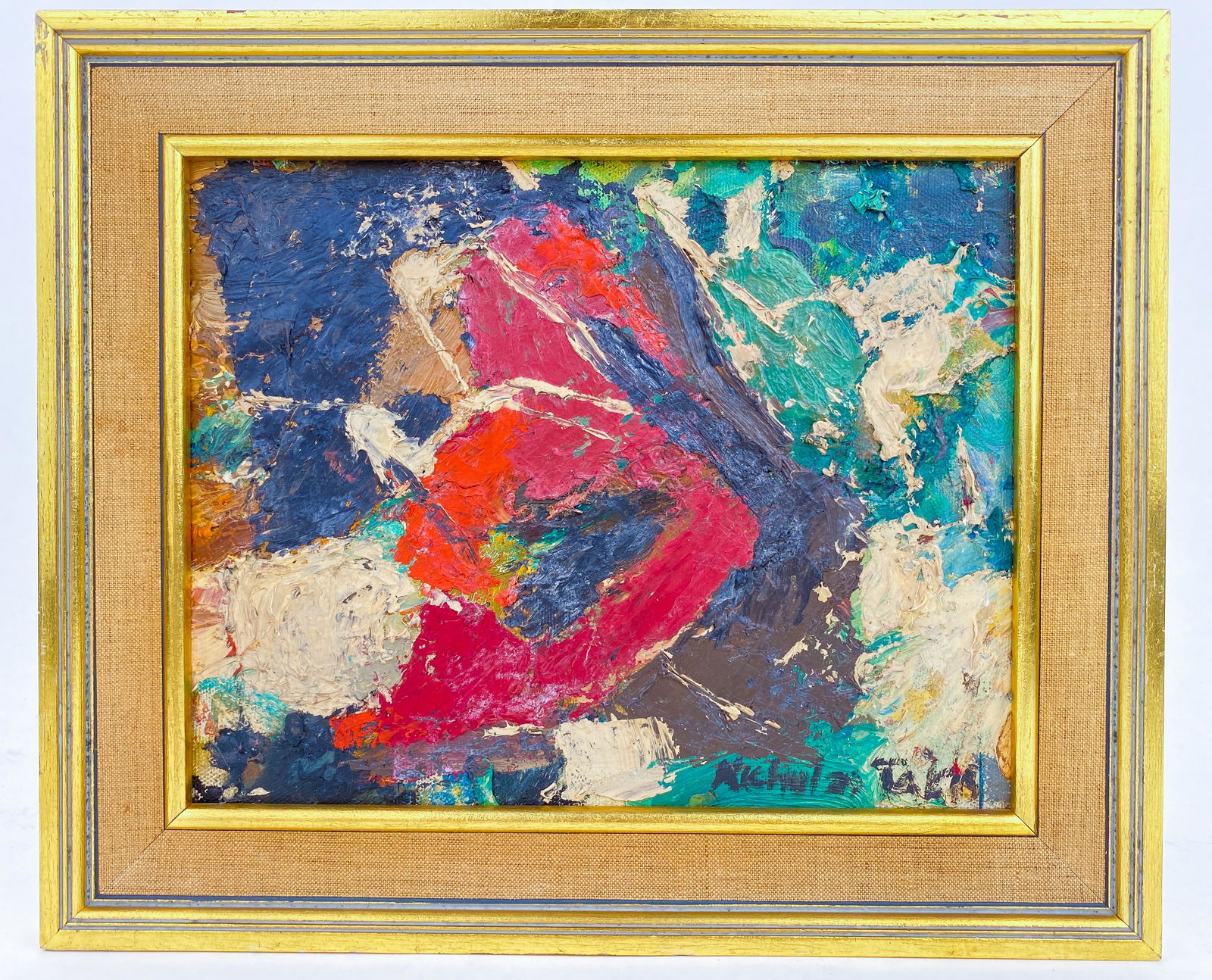 Nicholas Takis Abstract Oil Painting, in a Rare Style: Fantastic abstract, impressionistic oil on board in gold and rattan frame by Nicholas Takis. This style is not commonly found for Nicholas TakisPainting measures W7.25" x H9.25"From the collection of
