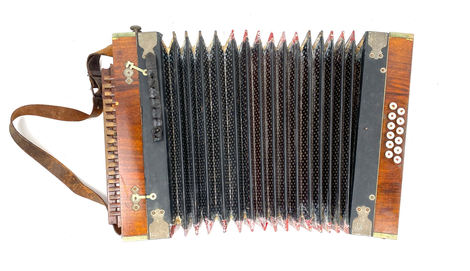 Antique Handmade Wooden Accordion, in Case: Rare antique handmade folk accordion with mother of pearl buttons and wood keys. Possibly circa late 1800's.***Please note Pick up for this Auction must be made or arranged for to be made by August 12