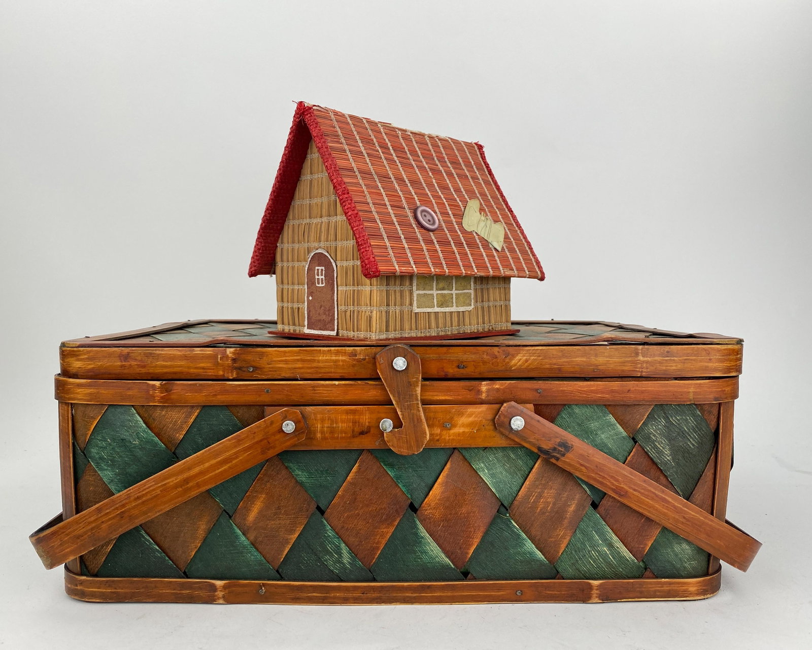 Antique Sewing Boxes and Supplies: Special antique sewing boxes. Sewing house box made in Japan 5.75 x 7.5 x 6.5H. Bamboo with woven wood vintage basket filled with vintage sewing goods and memorabilia. 16.5 x 12 x 6.25