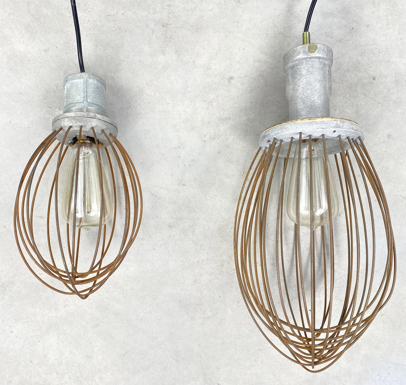 Pair Vintage Whisk Pendant Light: Two Fantastic Handmade vintage hanging whisk single light pendant lights. Made of upcycled kitchen whisks, repurposed and turned into art piece. One large 8 x 18 H one medium 6 x 12.