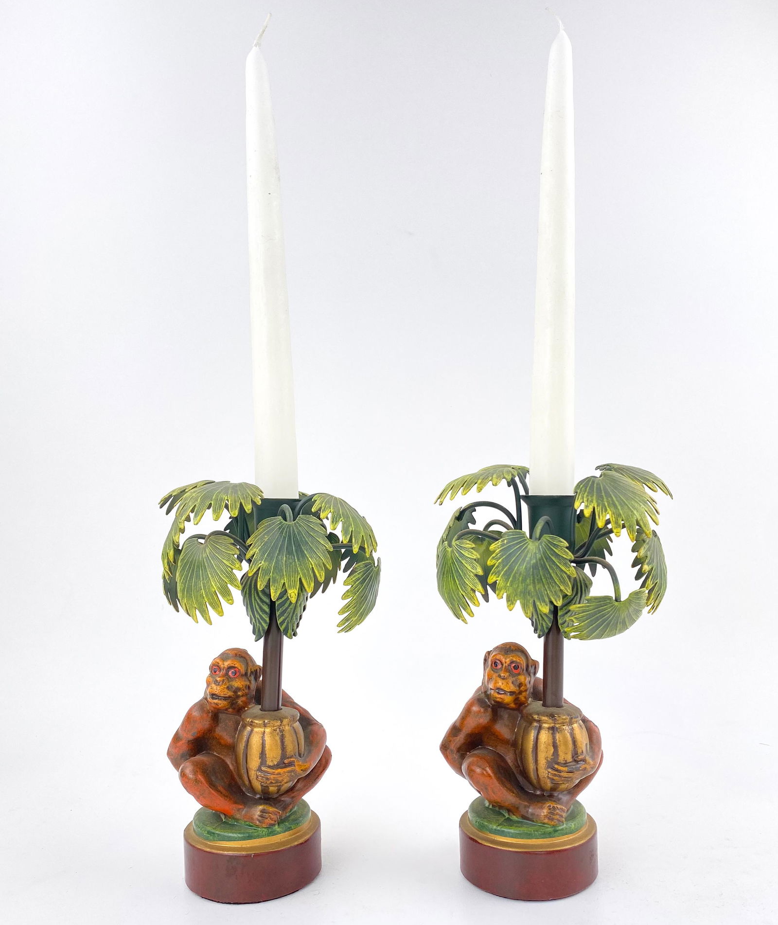 Pair Vintage Monkey and Palm Tree Candlesticks "Petites Choses USA": Pair of rare vintage 1980s monkey and palm tree candlesticks. Brass and metal.