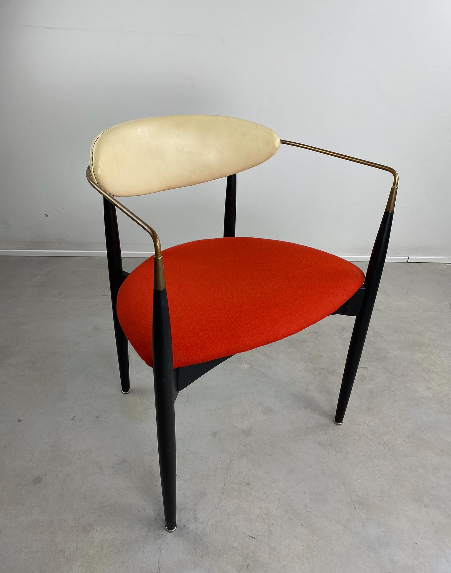 Vintage Dan Johnson Viscount Chair: Black Stained Wood and Red Wool Reupholstered Seat