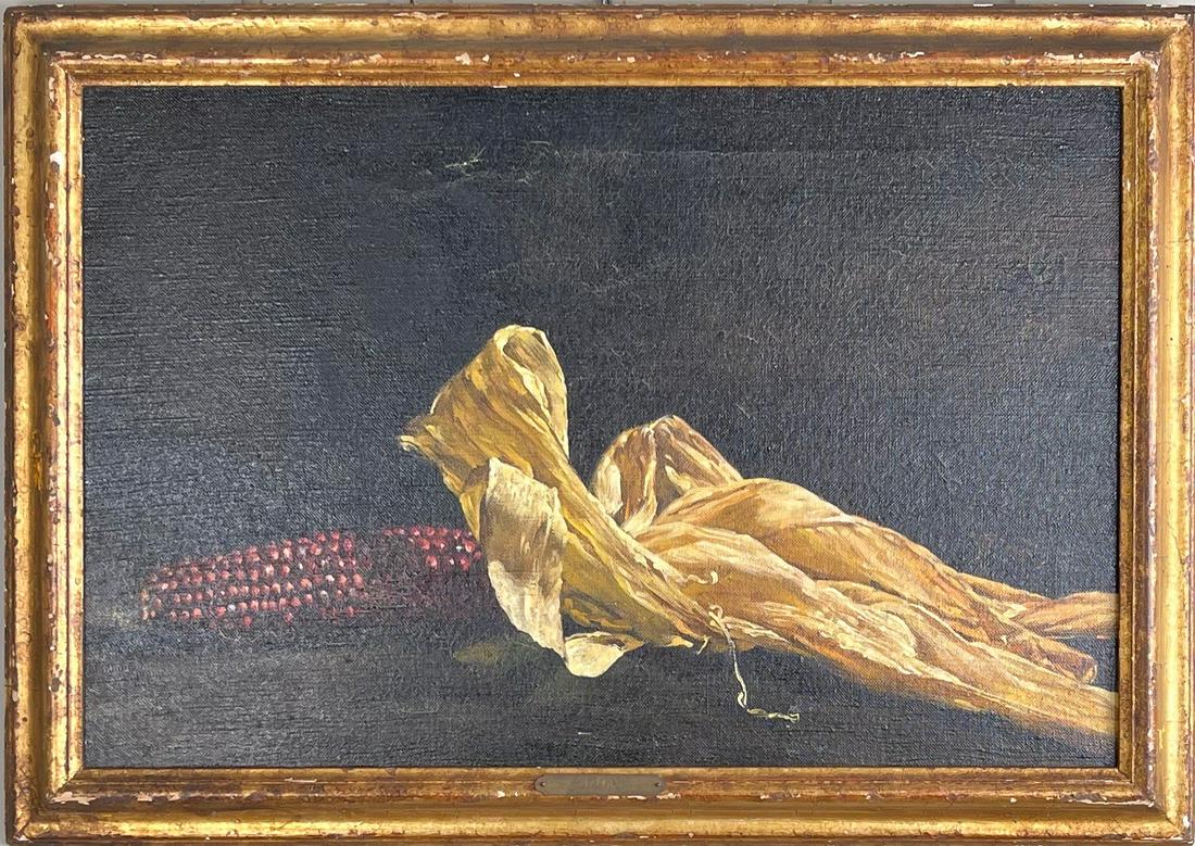 Antique Original Oil on Canvas of Indian Purple Corn: Beautiful oil on canvas of red dry corn cob with husk. Painting titled "Jacobs" in gold gilt frame. F 27.25x 1.75x 17.25,painting 15.25 x 23.25