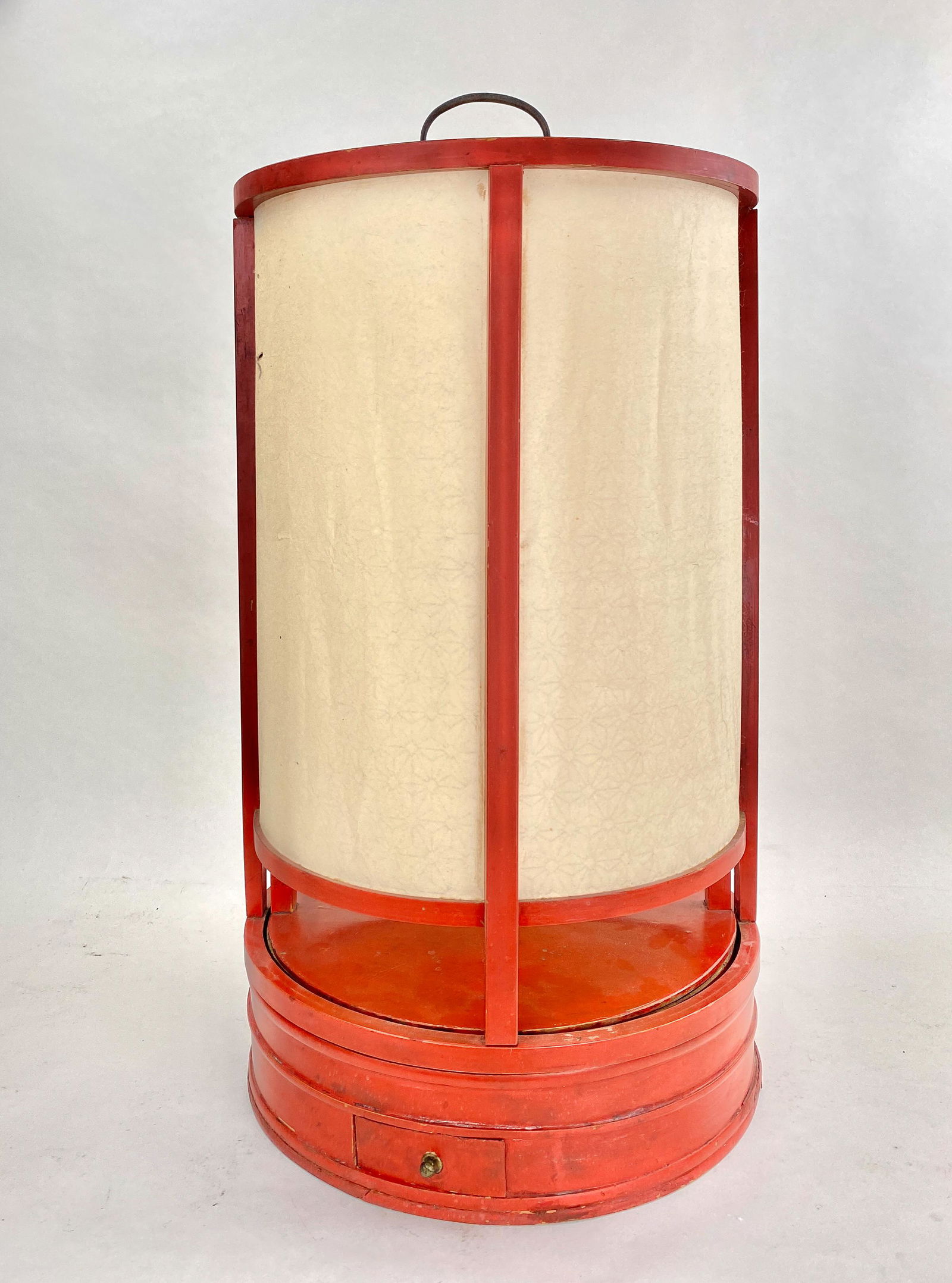 Antique Large Red Japanese Lantern: Fine Japanese Antique Red Lacquer Andon Lantern/Lamp. Handcrafted rice paper design and lacquered wood framework. "Andon" lantern with washi/shoji paper. Can be adapted to electrical or use tea light