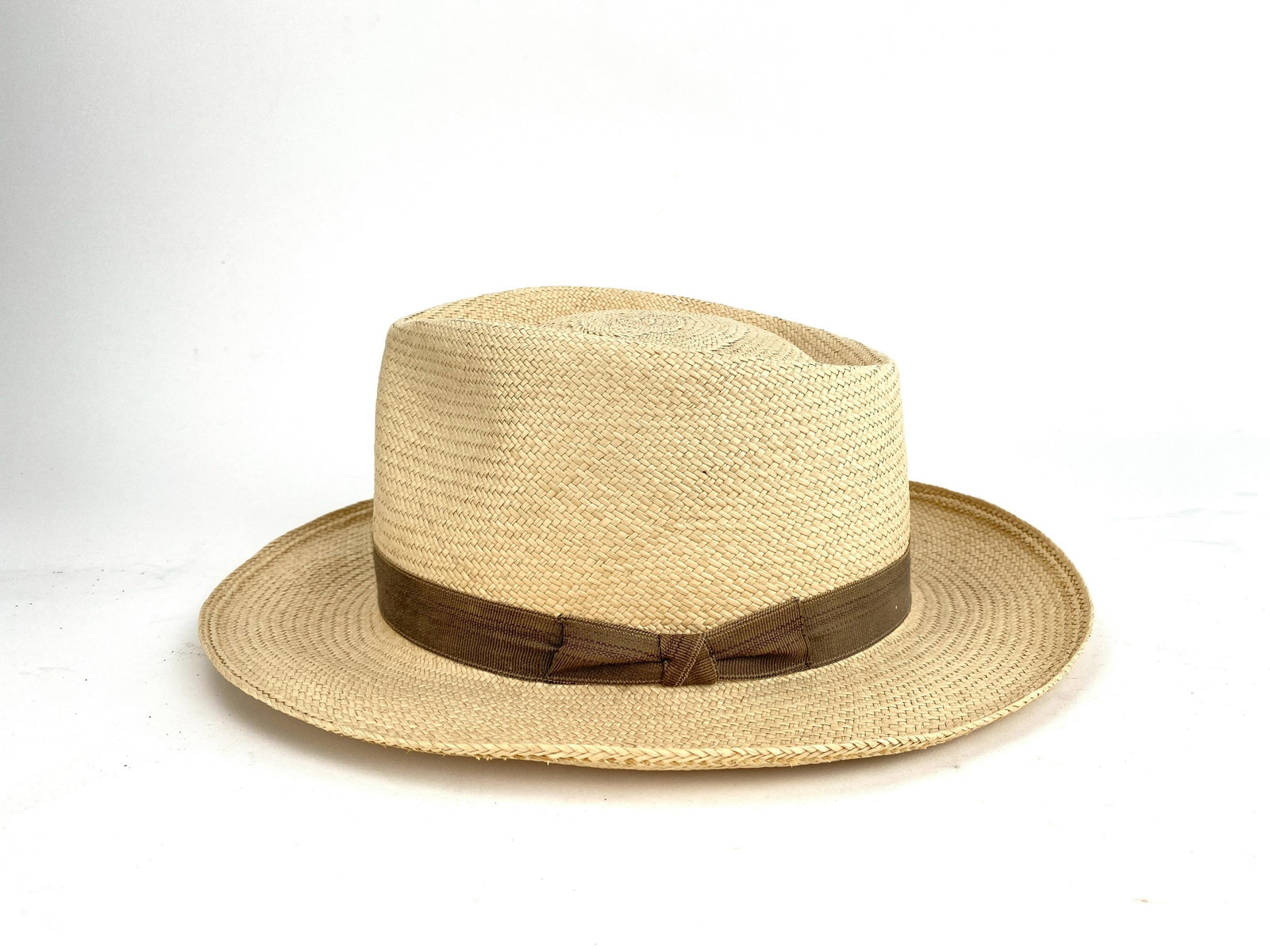 Argentinian Panama Legitimo Fedora Style Hat: Vintage Panama Legitimo natural fiber hat. Handmade with Black contrast hatband. Interior circumference of hat measures 23".
