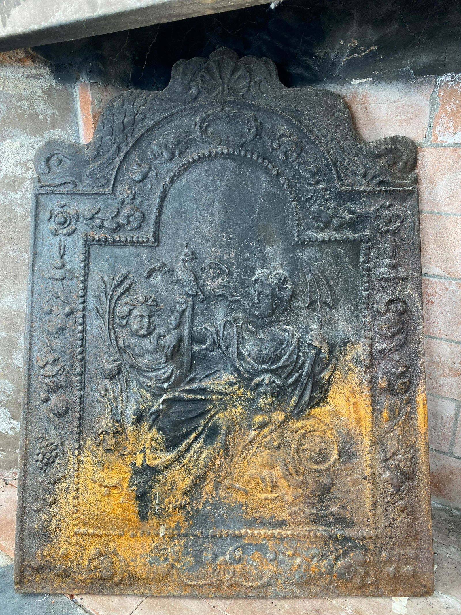 Antique 17th Century "The Hope" Fireback: Louis XIII "The Hope", Cast iron, Fireback. Dutch Fireback with Cherubs, Skull, Eagle. Height appx 35 1/2" x Width of 25 3/4" and a depth of 3/4". ***Please note Pick ups for this Auction must be made