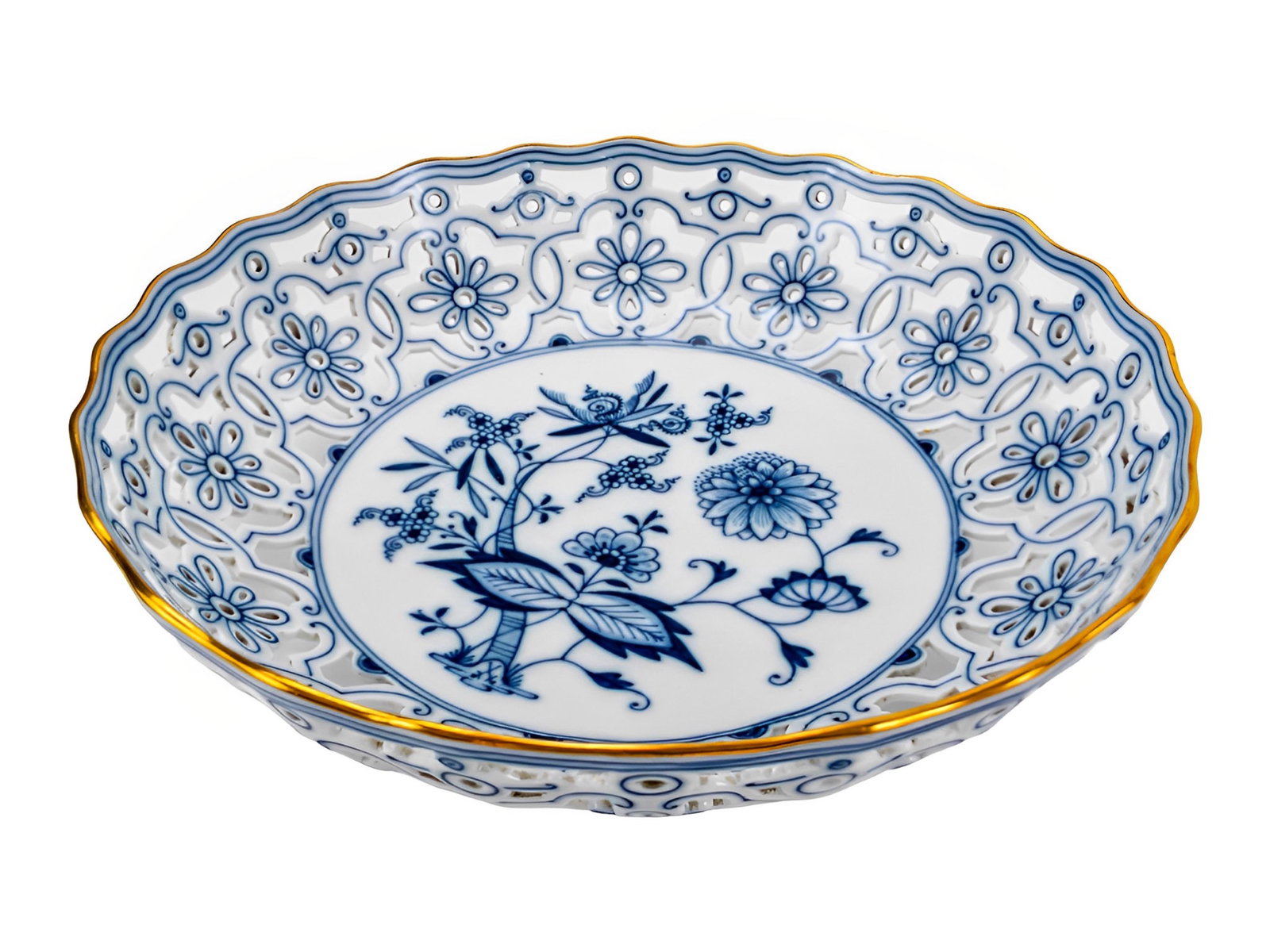 Antique Meissen Blue Onion and Gilt Openwork Porcelain Bowl (1 of 10)