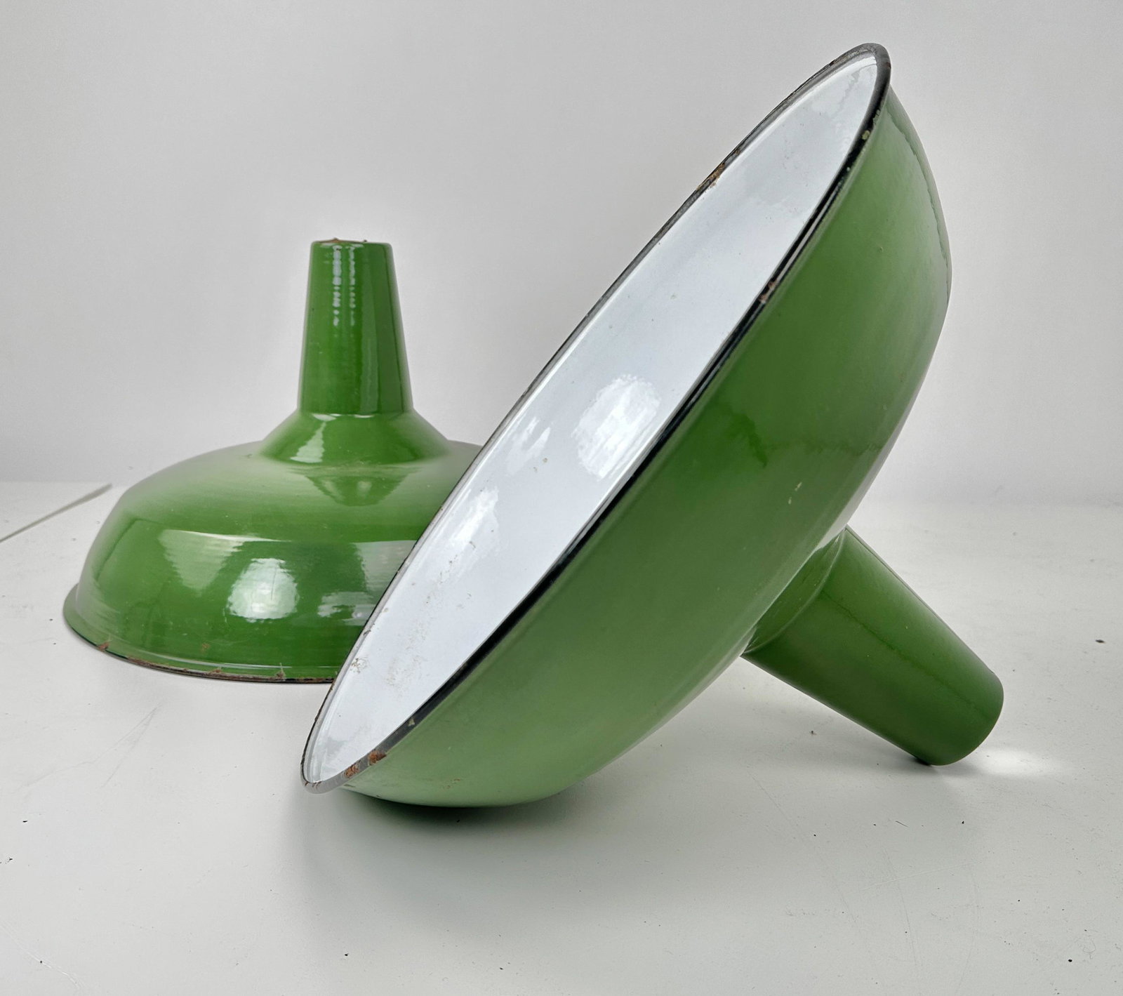 Vintage Pair Large Green Enamel Industrial Light Shades (1 of 12)