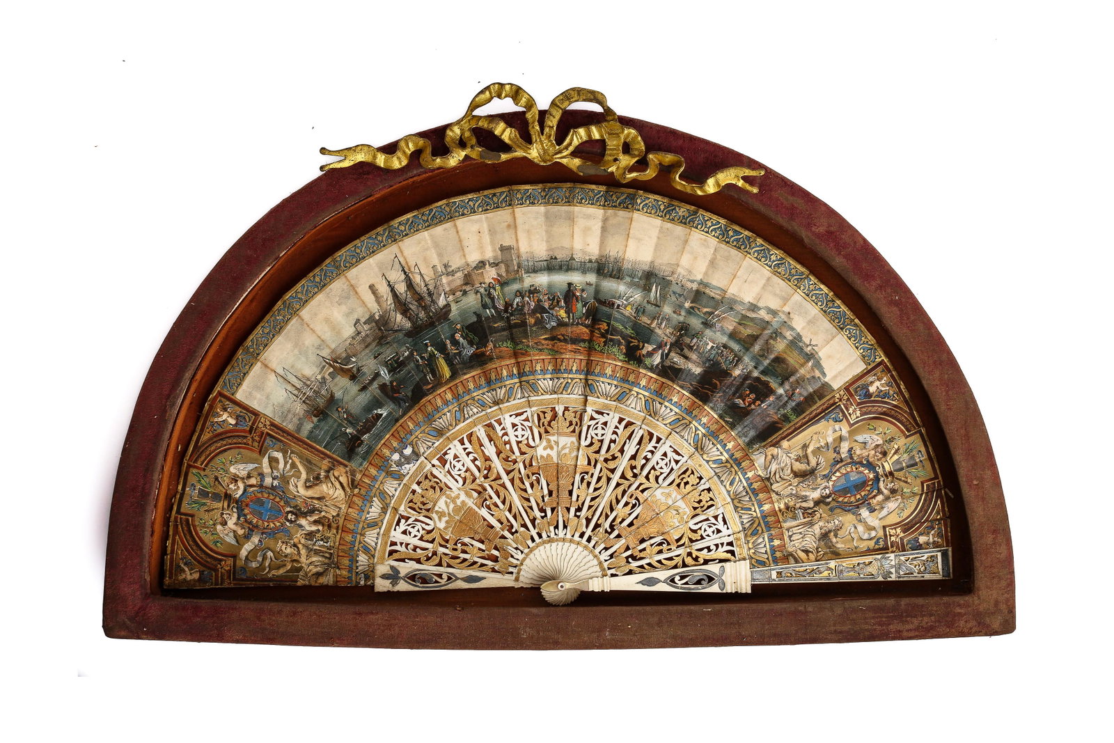 Antique Venetian Fan in Neoclassical Shadow Box Frame, "Grand Tour" Era, 18th-19th c.: "ANTIQUE VENEITAN HAND-PAINTED FAN IN NEOCLASSICAL SHADOW BOX FRAME, FROM THE ""GRAND TOUR"" ERAThis is an antique, 18th century folding hand fan from Venice, Italy, hand painted on parchment with ret