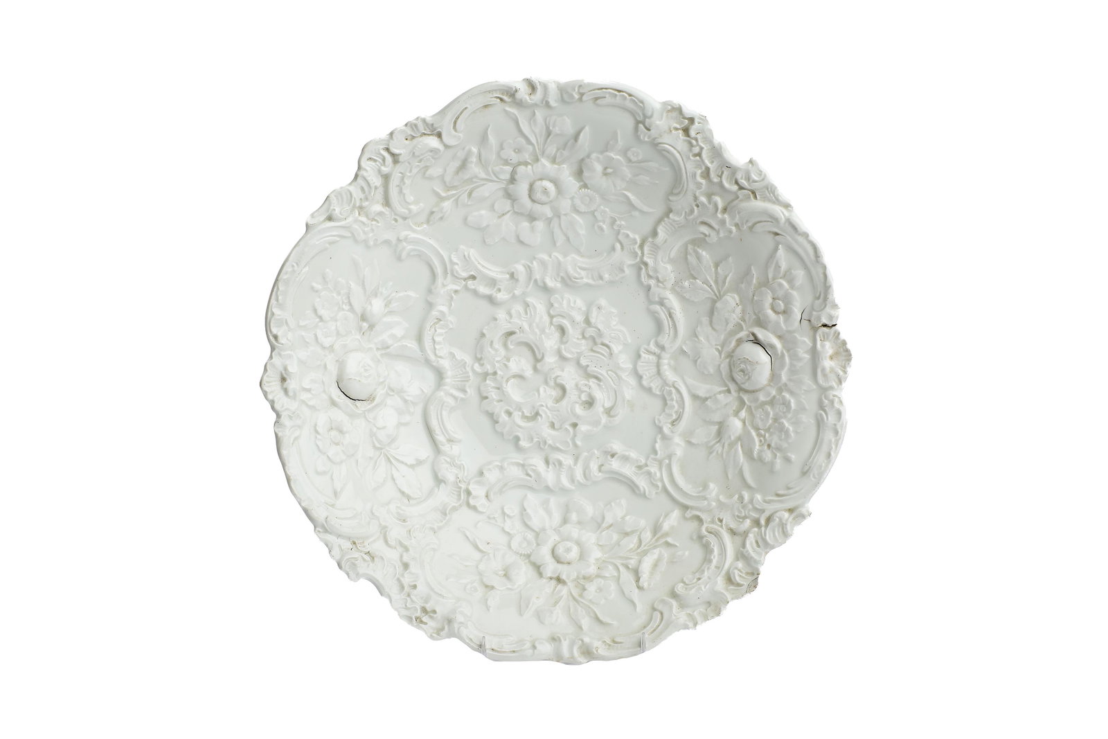 Meissen Bas Relief Molded Porcelain Plate, 19th Century: MEISSEN 19TH C. PORCELAIN PLATE 19th-century Meissen of Germany bas relief porcelain plate. The front has a molded rose motif and the back has the Meissen crossed swords insignia with marks indicating