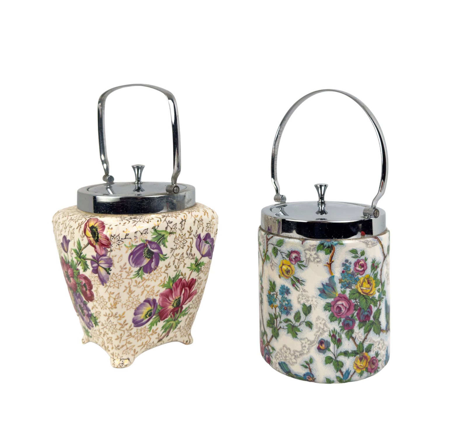 Two MidWinter Staffordshire England Biscuit or Cracker Jars: Two Antique Midwinter Staffordshire, England Biscuit or Cracker Jars with silver patina lid an hail. Dimensions (non-cylindrical) Width: 5 ¼" Depth: 5 ¼" Height: 7 ¼" (9 ½"