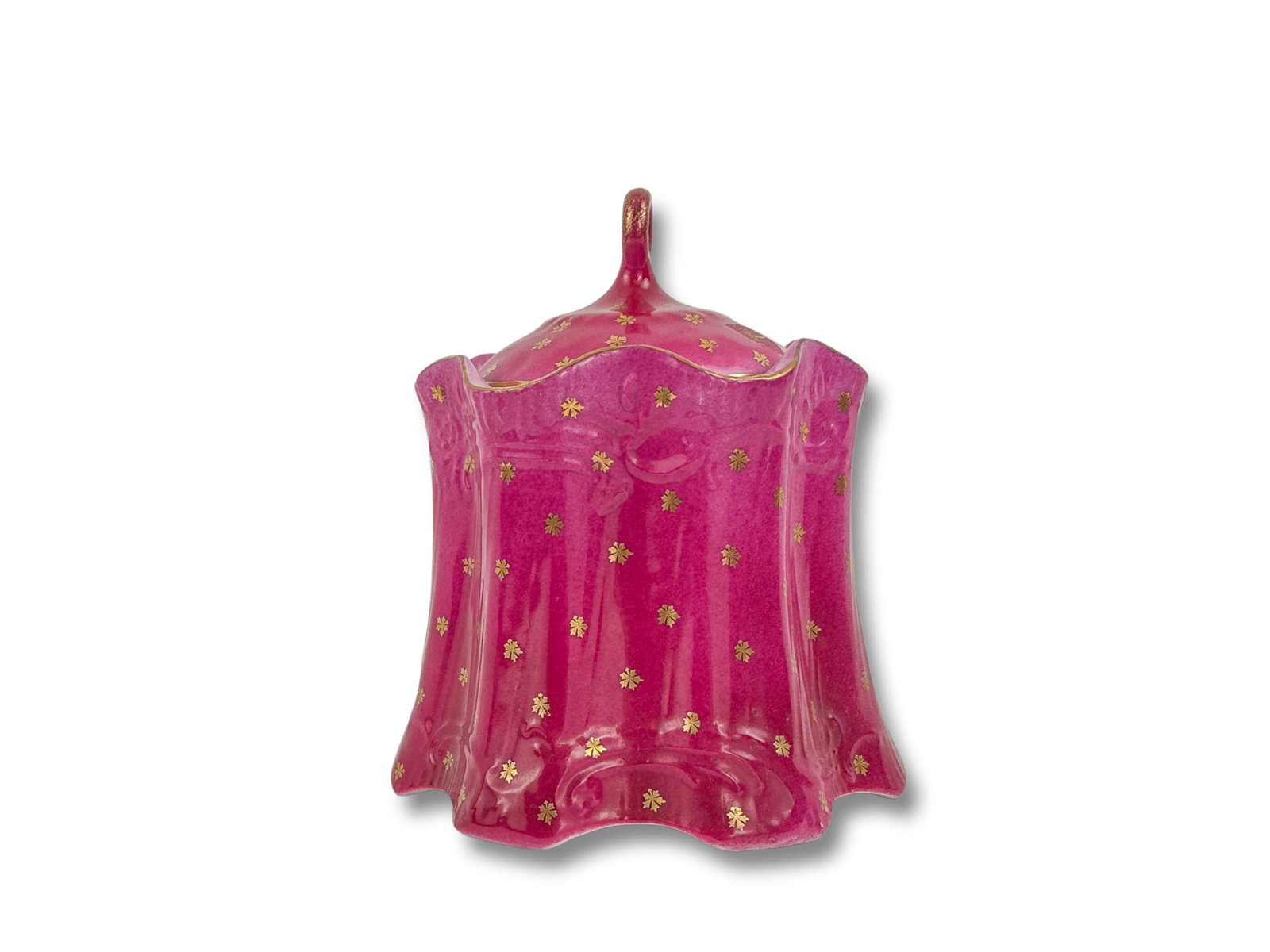 Antique Victoria Carlsbad, Austria Biscuit Jar: Phenomenal antique Victoria Carlsbad porcelain biscuit jar with magenta glaze, hand painted gilt detailing of a female portrait and gilt stars. Dimensions Width: Depth: Height: