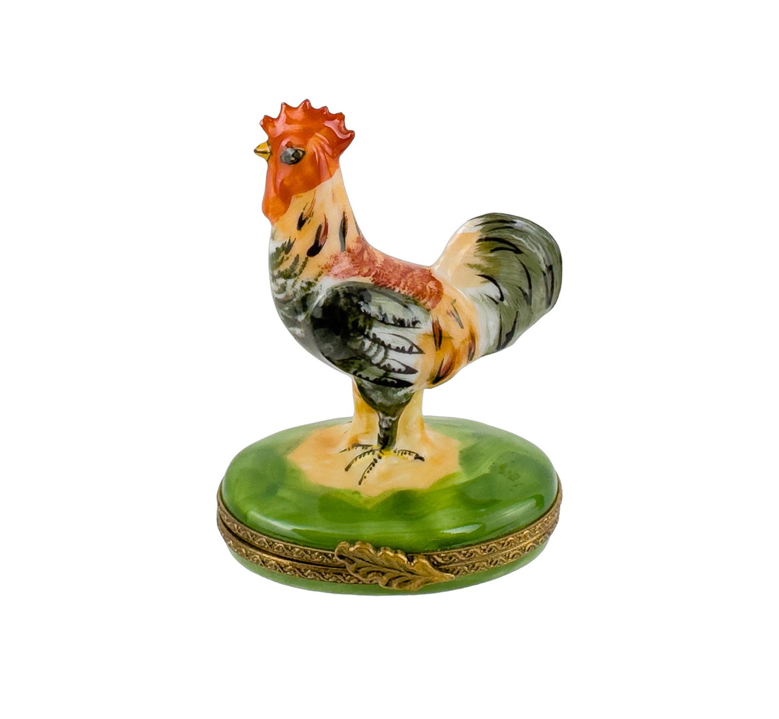 Limoges Miniature Porcelain Rooster Box: Miniature French Limoges, porcelain and brass rooster pill box. Signed and titled. Dimensions Width: Depth: Height:
