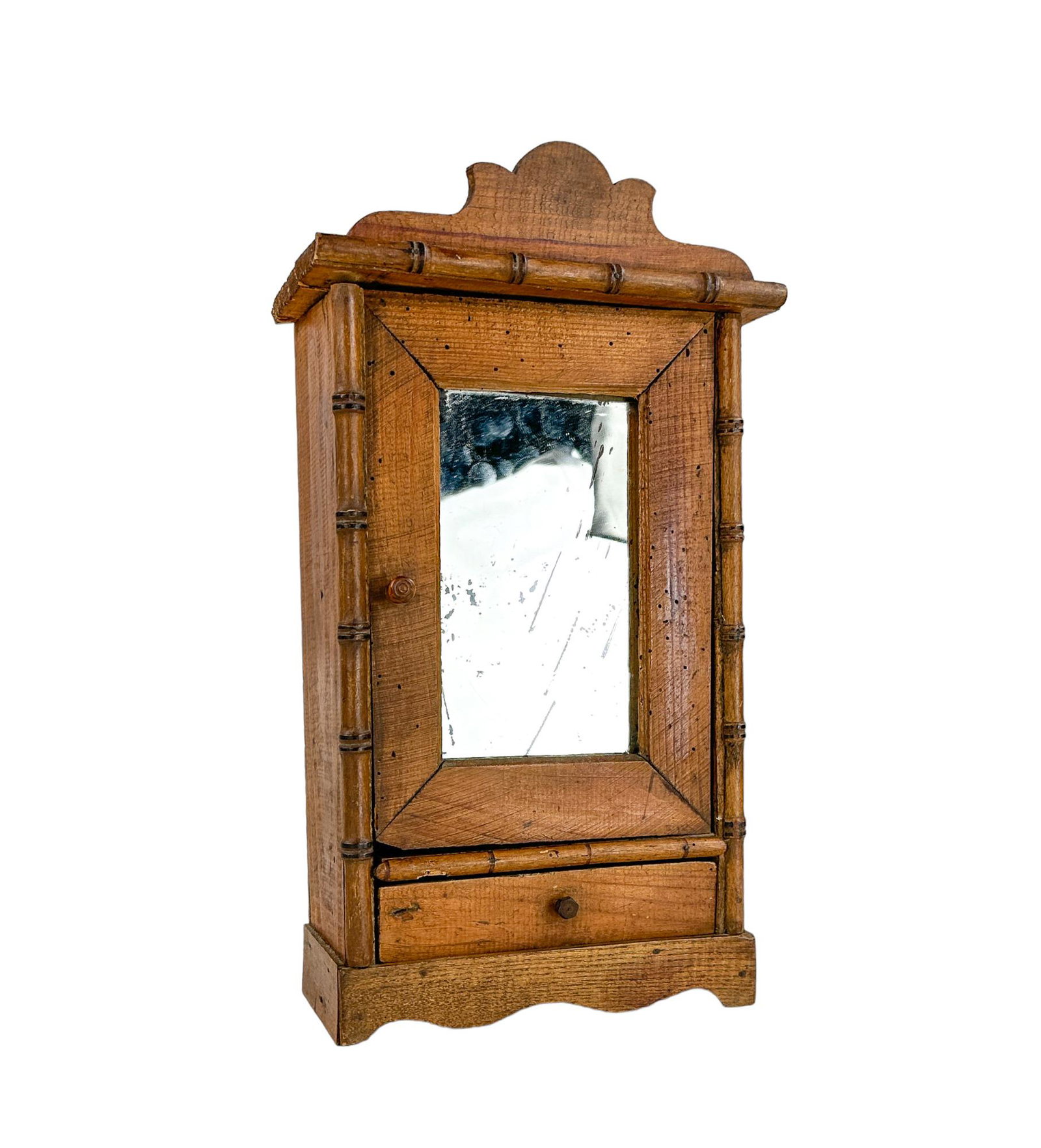 Antique French Miniature Maplewood Mirrored Armoire: Antique Faux Bamboo maplewood armoire with bottom drawer and mirrored door. Dimensions Width: 8 3/8" Depth: 3 1/2 Height: 15"