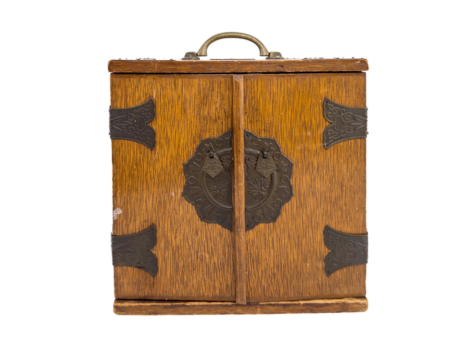 Small Antique Asian Wood Letter Box or Cabinet with Four Drawers: Dimensions Width: 8 5/8" (closed) Depth: 6 5/8" Height: 8 5/8"