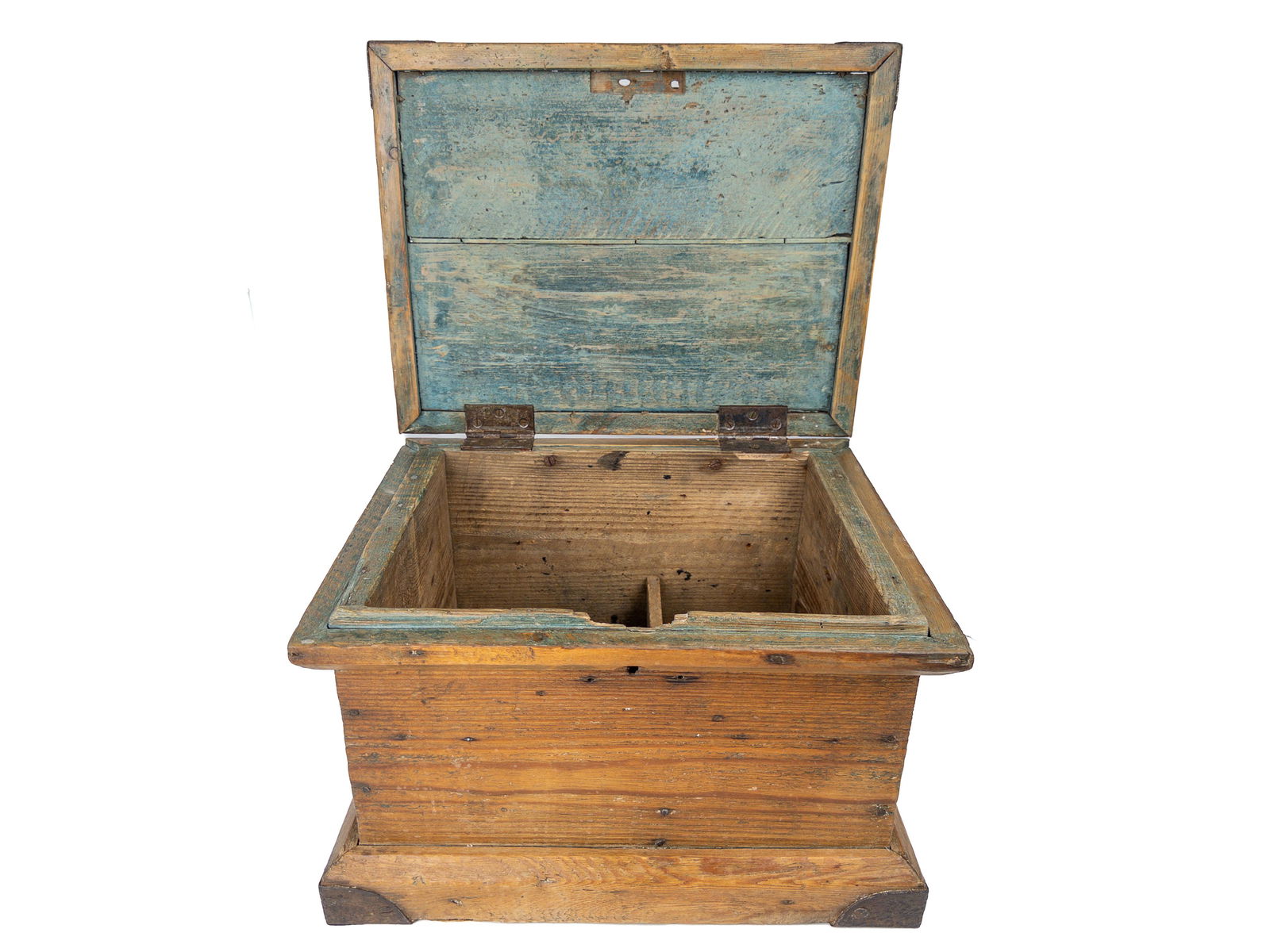 Wooden Storage Box with Iron Trim and Painted Blue Interior (1 of 20)