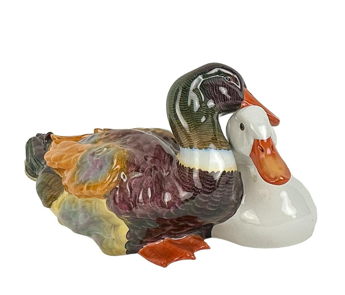 Large Herend Porcelain Ducks, Intertwined: Herend Hungary Porcelain handpained ducks, a couple intertwined. Signed on bottom, Bak Zrolt Dimensions Width: 16" Depth: 10" Height: 9"