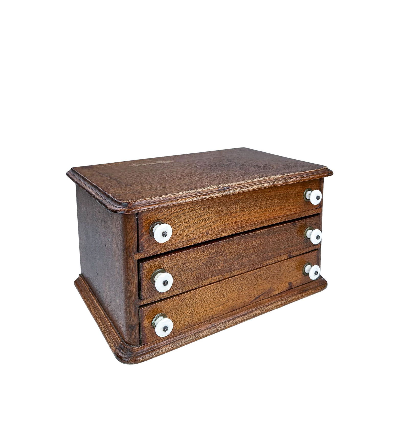 Antique Hardwood Small Three Drawer Spool Cabinet with White Ceramic Knobs (1 of 12)
