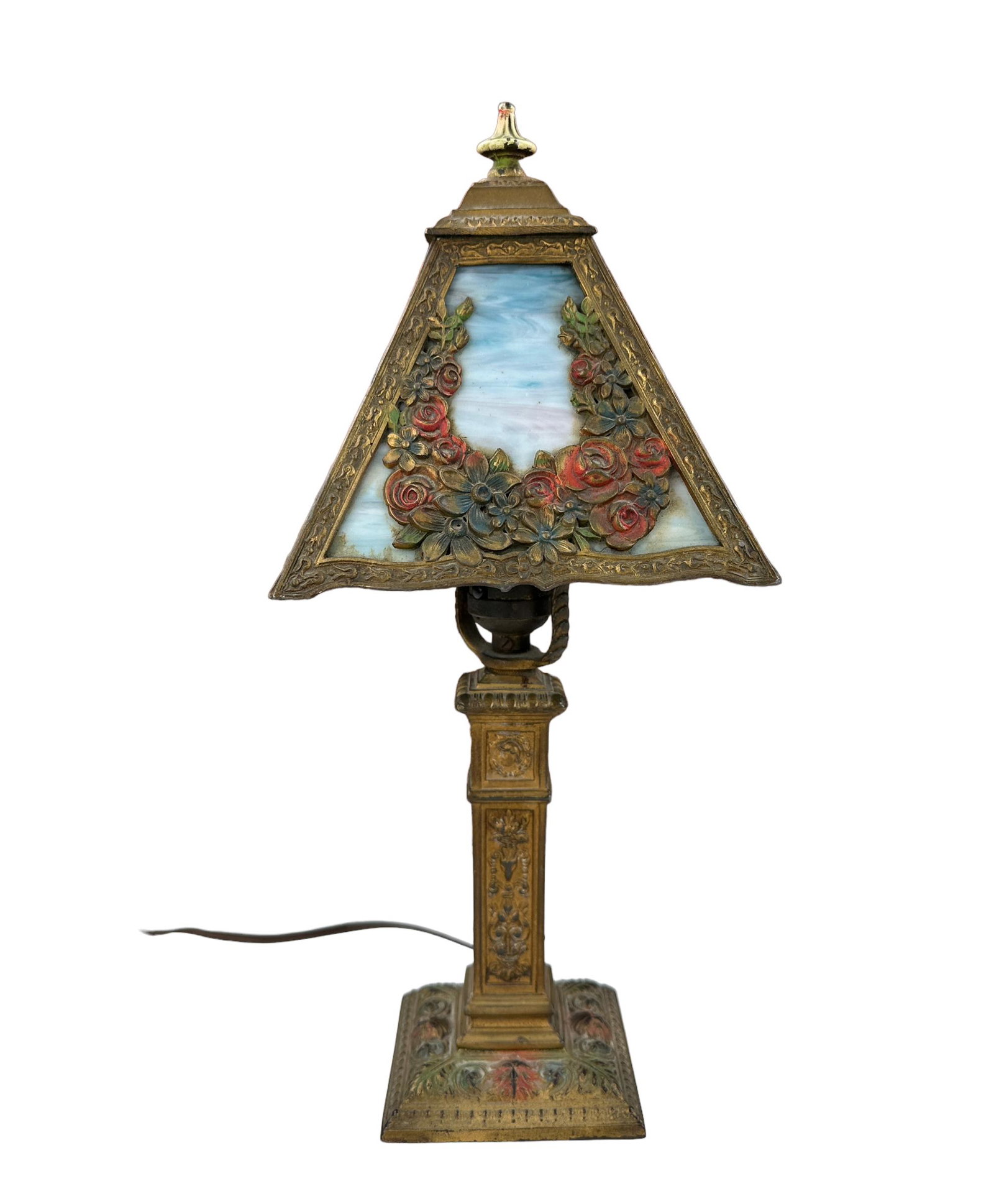 Antique Art Nouveau Ronson A.M.W. Slag Glass Boudoir Lamp: Antique circa 1920 Cast metal with flora, fauna and bust base and lamp shade with blue slag or stained glass shade. Dimensions Width: 7 1/4" Depth: 7 1/4" Height: 15 1/2"