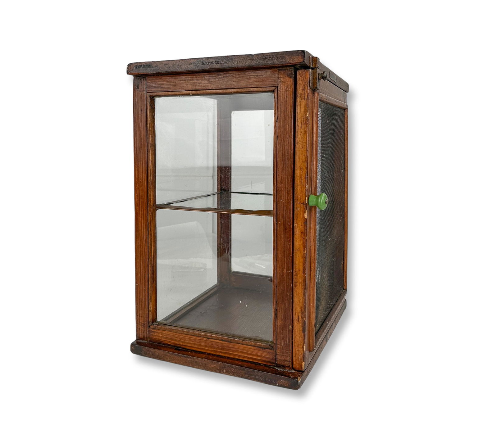 Extraordinary Antique 19th C. Mercantile Display Case,: General Display Case Company, NYC. Old-school Downtown New York City, Green Street, in SoHo; Antique wood frame, with wire mesh door, glass, and copper framed glass shelving by 'General Display Case C