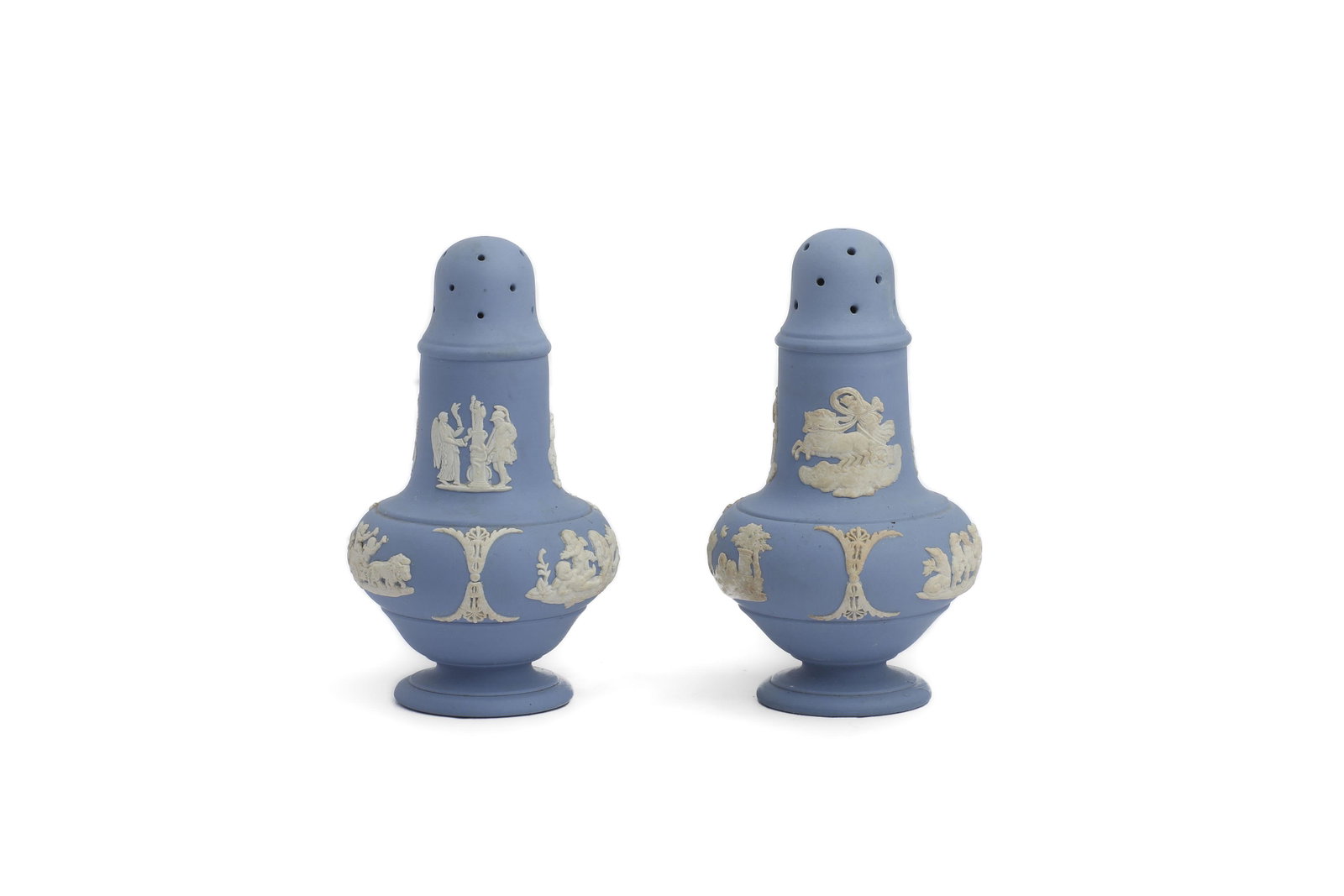 Wedgwood Blue and White Jasperware Salt & Pepper Shakers: WEDGEWOOD BLUE AND WHITE JASPERWARE SALT AND PEPPER SHAKERS Footed blue and white jasper ware salt and pepper shakers by Wedgwood, England with white classical scenes in relief. Dimensions Width: 2 1/