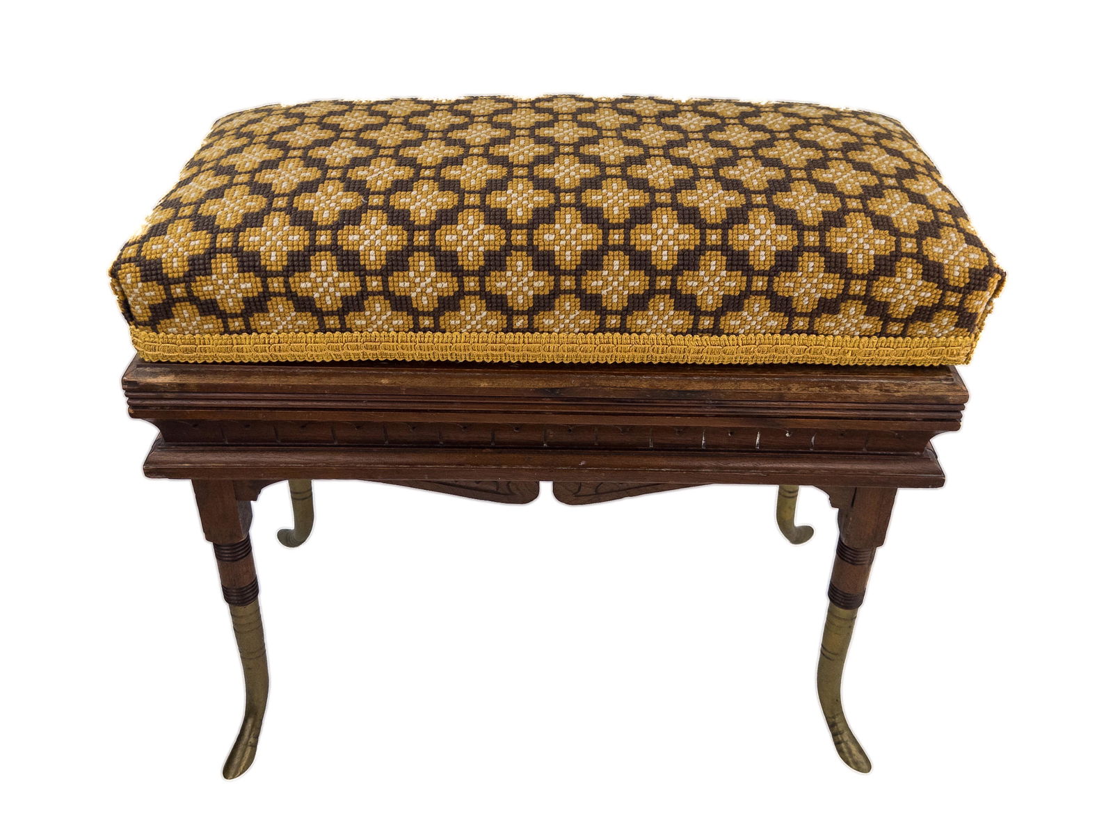 Antique Brass Footed Hand-Carved Upholstered Victorian Storage Bench (1 of 20)