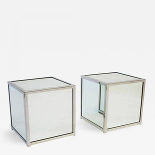 Jay Spectre Mirrored-Glass and Chromed-Steel Cube Tables (Pair): Modish 1970s mirror cube tables with chrome details. Multi-purpose side or pedestal tables. Designed by Jay Spectre for Century Furniture, ca 1970. Excellent condition. Sold as a pair only. Measures:W