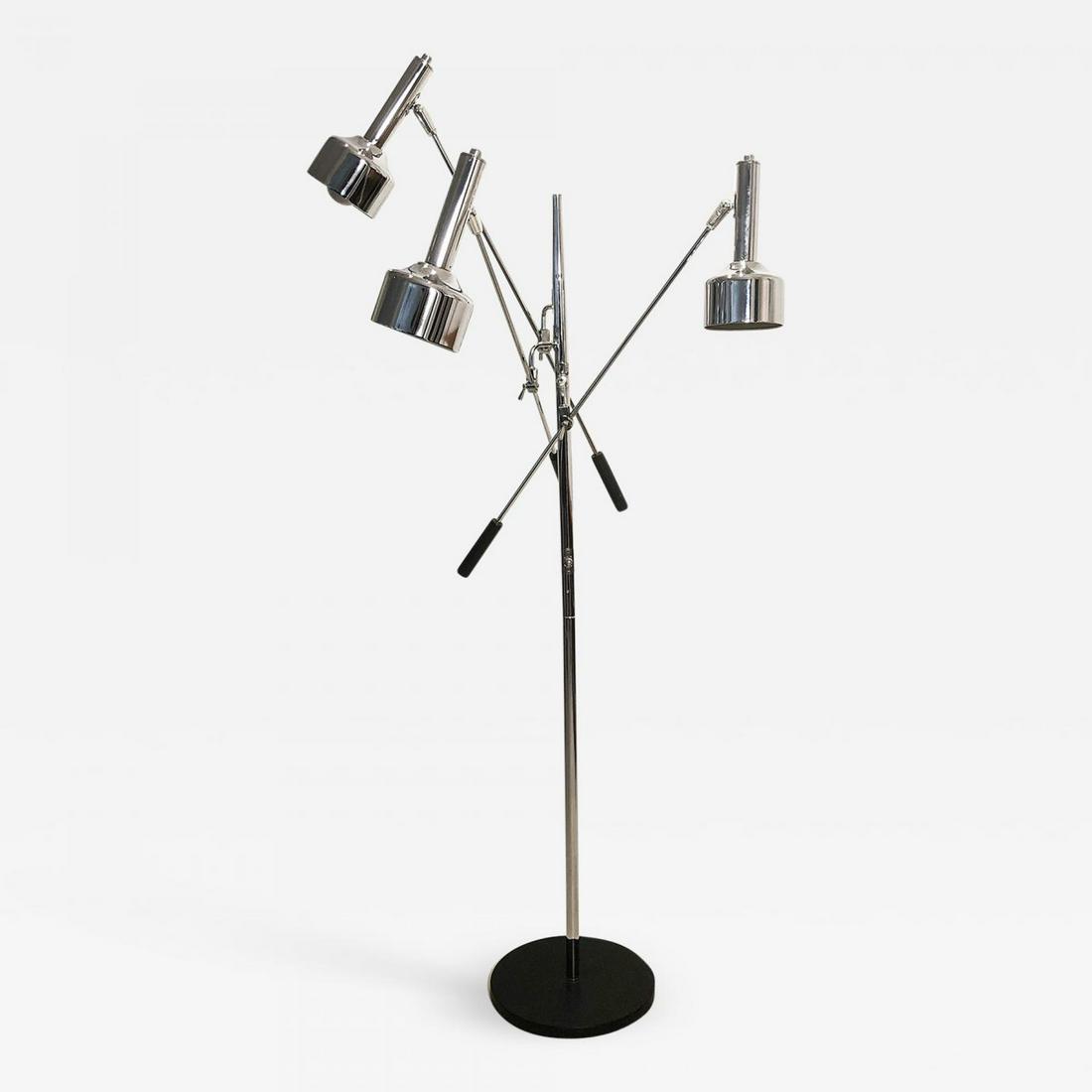 Sonneman "Triennale" Chrome Floor Lamp: Beautiful 3-arm "Triennale" style floor lamp by Robert Sonneman with torch-like shades. Arms and shades can both pivot and tilt to adjust the direction of the light. Master switch on vertical stem ena