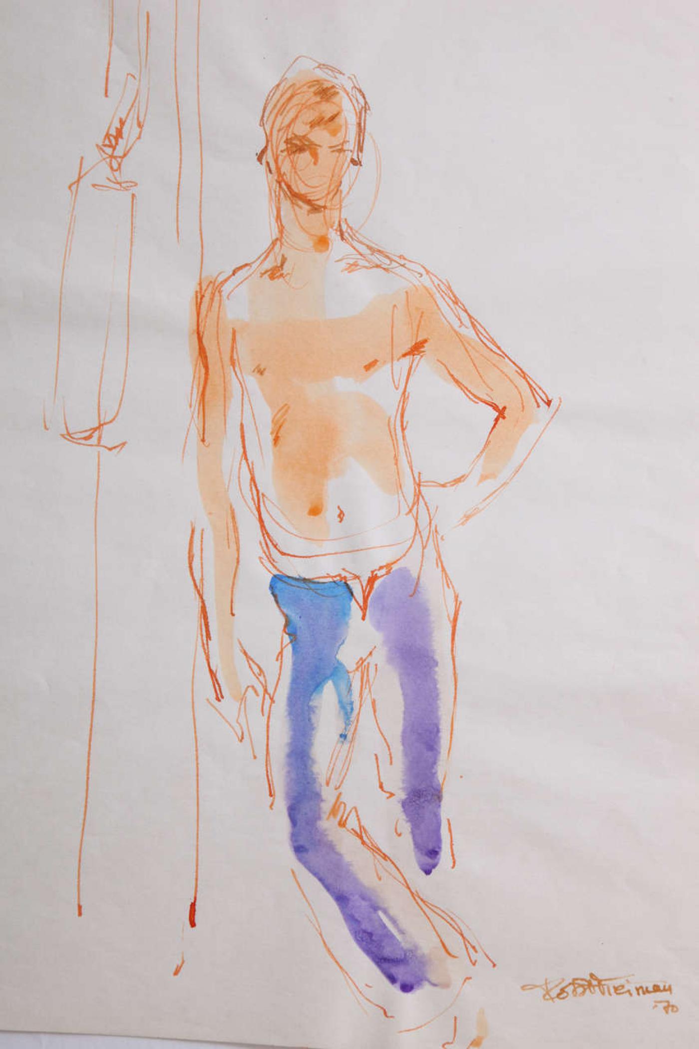 Robert Freiman Watercolor, 1970: A Robert Freiman watercolor of a young male semi-nude. About the artist: American Robert Freiman â€” born 1917, in New York City, and deaf from birth â€” is considered a foremost watercolori